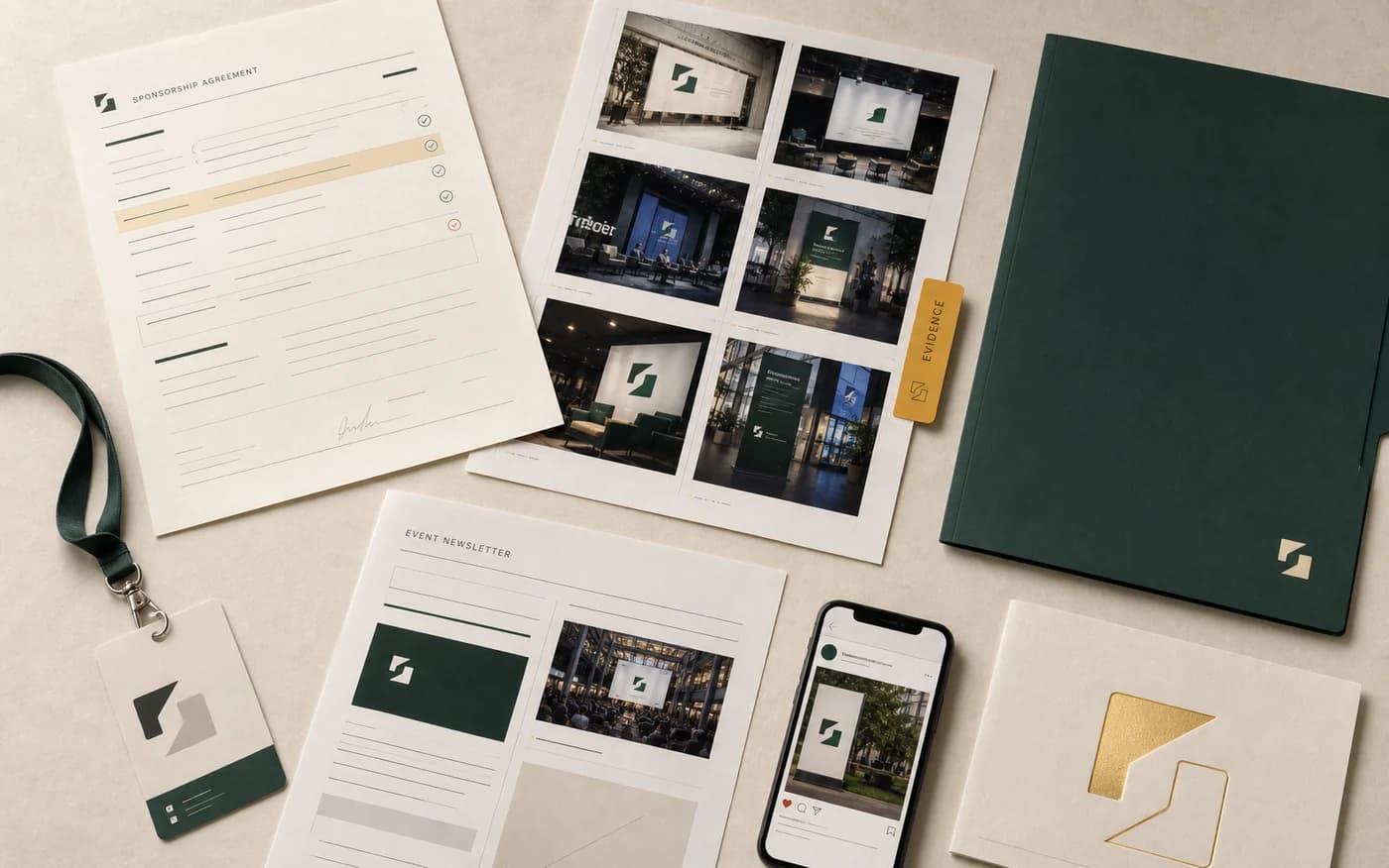 A sponsorship agreement, event proof photos, newsletter placement, and social evidence organized together in a SponsorPact archive